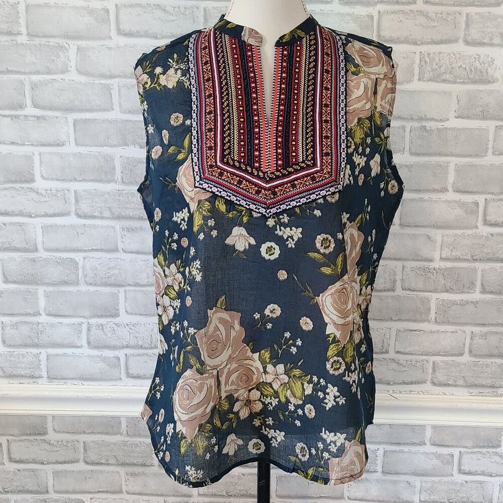 Magazine Embroidered Cotton Floral Bohemian Top Sleeveless Boho Medium